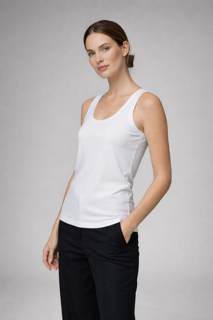 Women’s tank top with round neckline and wide shoulder straps, designed for casual wear and summer outfits