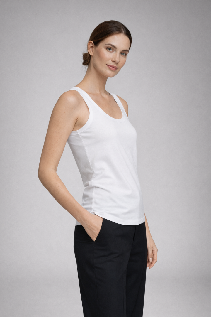 Women’s tank top with round neckline and wide shoulder straps, designed for casual wear and summer outfits