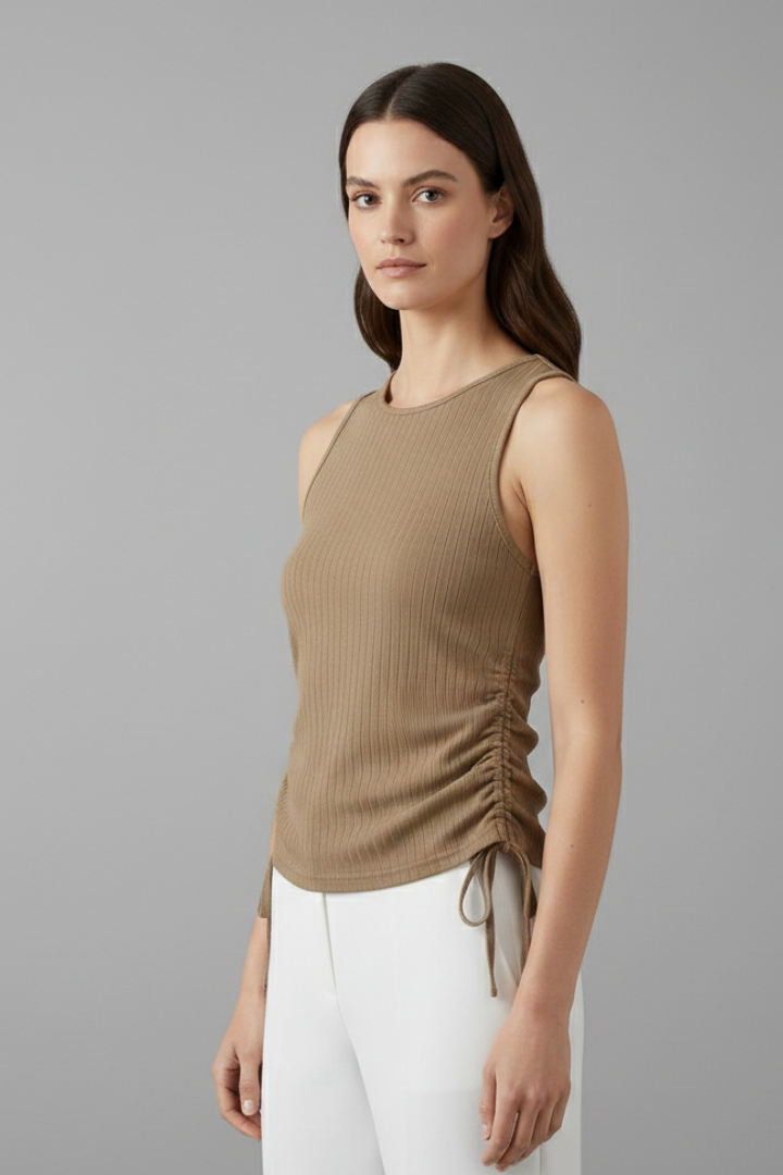 Women’s sleeveless top with round neckline, side ruching, drawstring hem, and ribbed texture, suitable for casual wear and summer outfits.