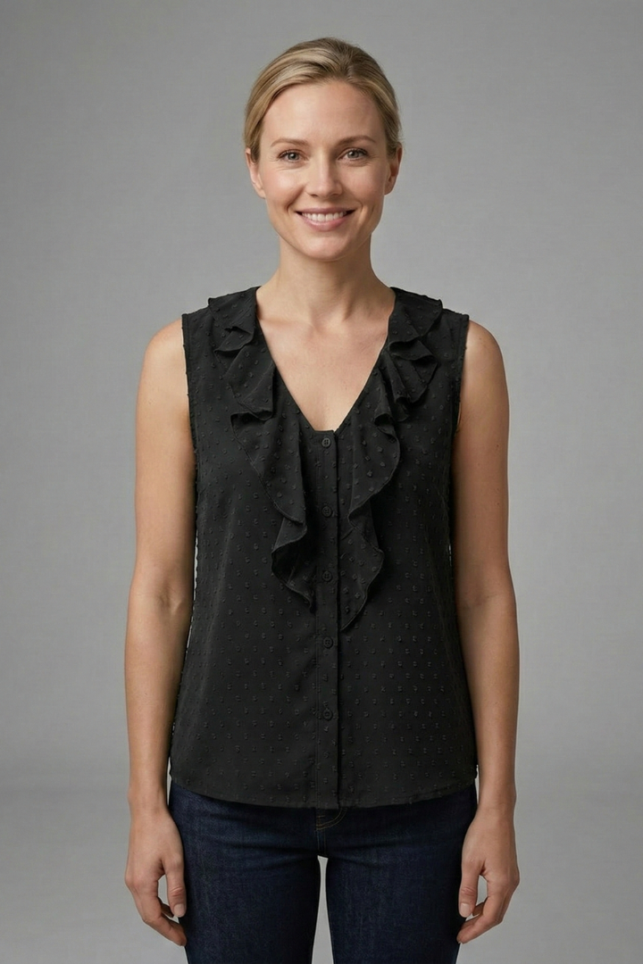 Women’s sleeveless blouse with V-neckline, ruffle trim, button detail, and textured surface, suitable for office wear and casual outfits.