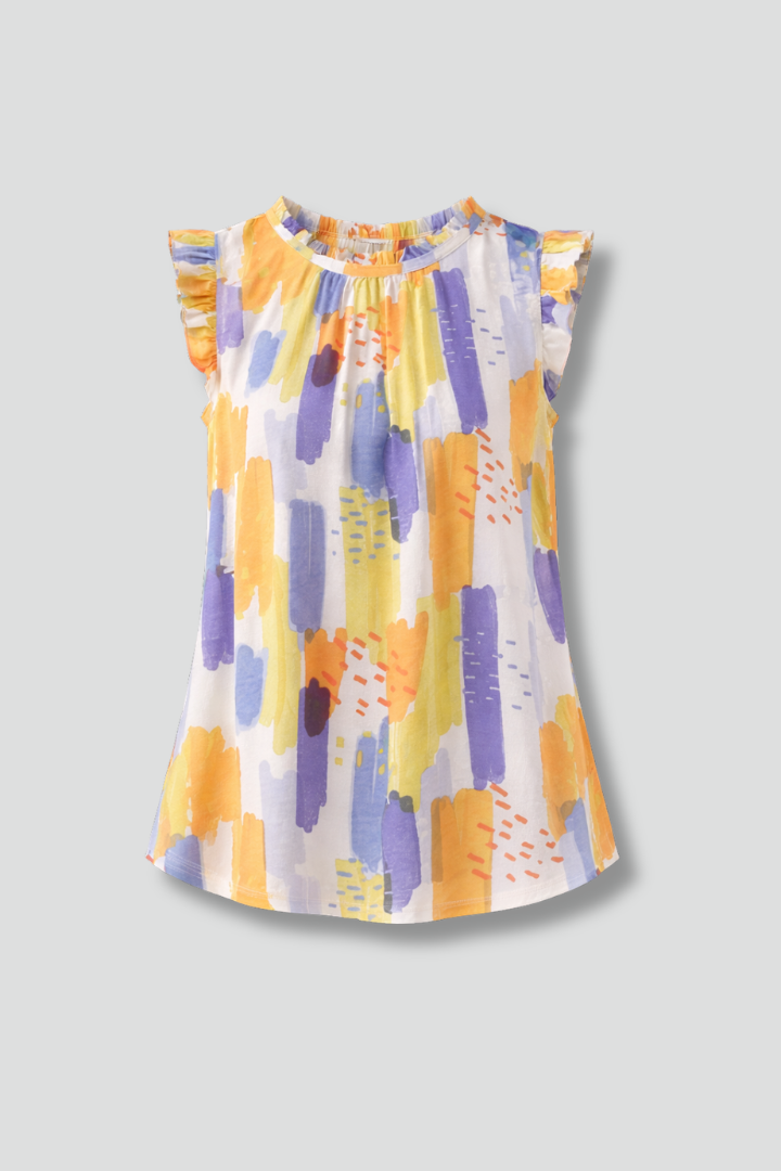 Women’s sleeveless top with ruffle collar and abstract print, designed for casual wear and summer outfits