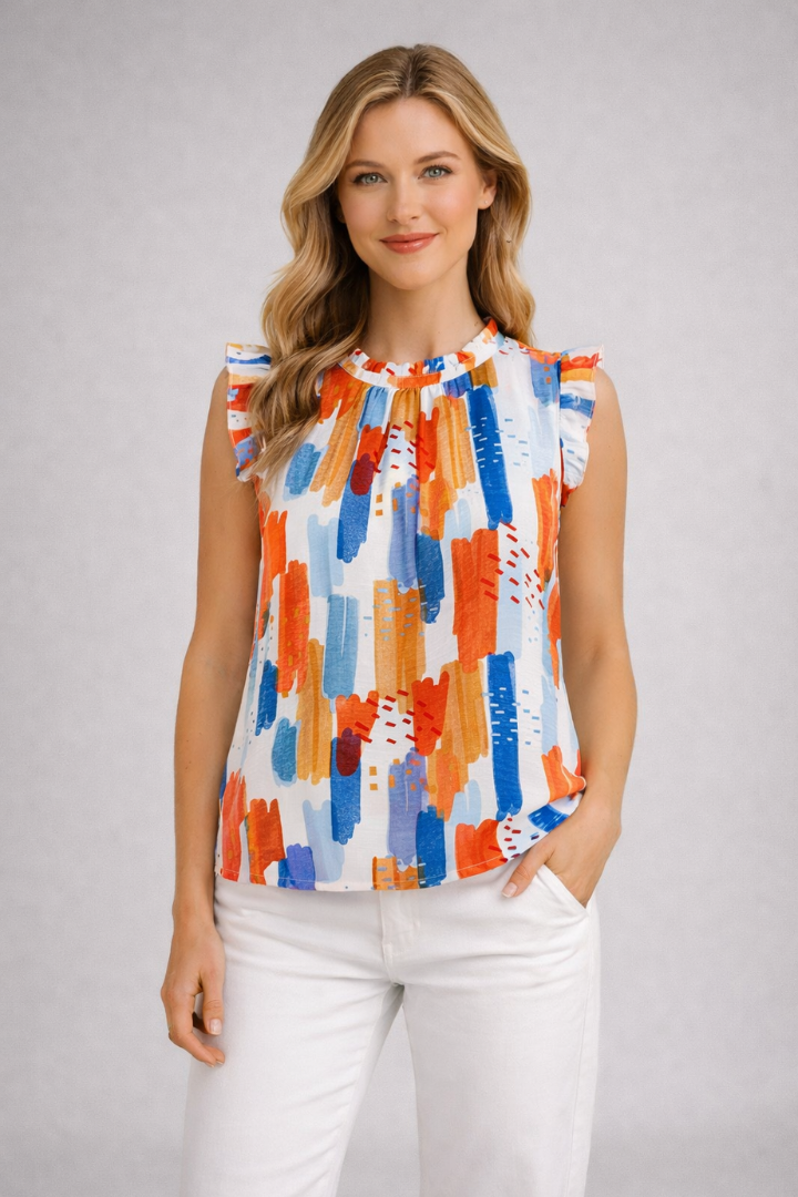 Women’s sleeveless top with ruffle collar and abstract print, designed for casual wear and summer outfits