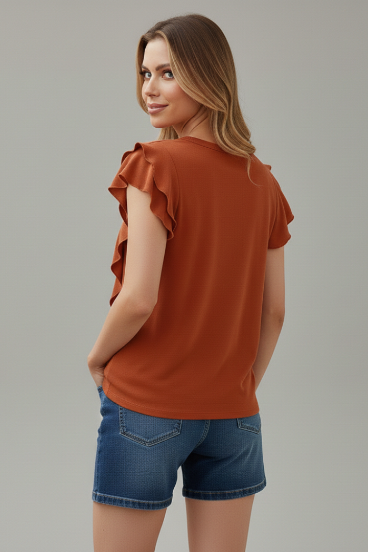 Women’s T-shirt with round neckline and ruffle sleeve detailing, suitable for everyday wear and casual outfits.