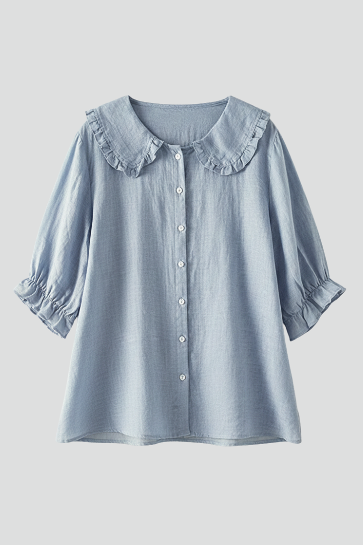 Women’s shirt with ruffled collar, button-front closure, and relaxed fit, suitable for office casual wear, summer outings, and everyday styling.