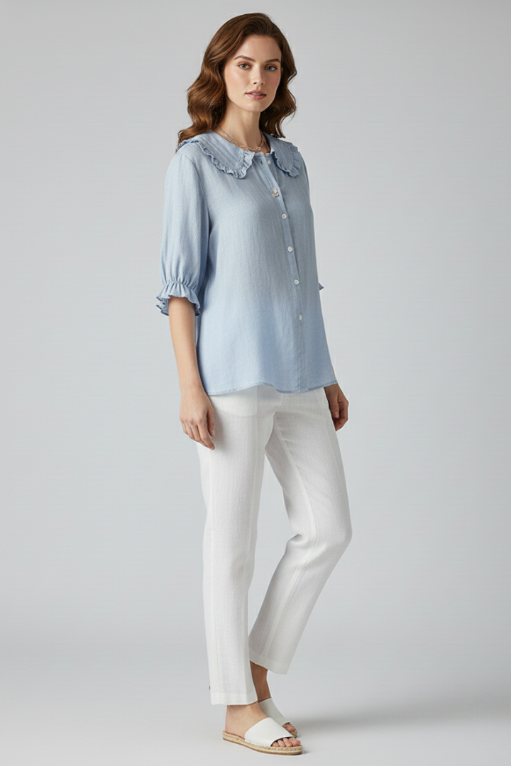 Women’s shirt with ruffled collar, button-front closure, and relaxed fit, suitable for office casual wear, summer outings, and everyday styling.
