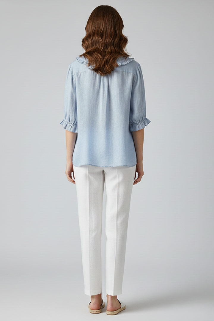 Women’s shirt with ruffled collar, button-front closure, and relaxed fit, suitable for office casual wear, summer outings, and everyday styling.