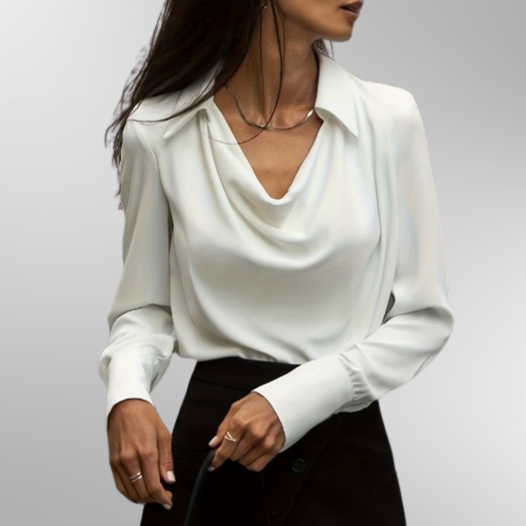 Women’s satin blouse with draped neckline and loose fit, ideal for office wear, dinners, and elegant evening styling.