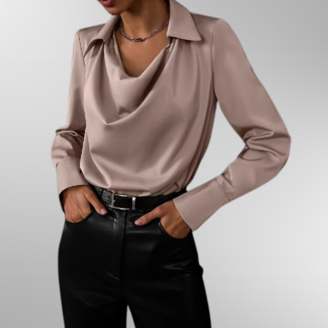 Women’s satin blouse with draped neckline and loose fit, ideal for office wear, dinners, and elegant evening styling.
