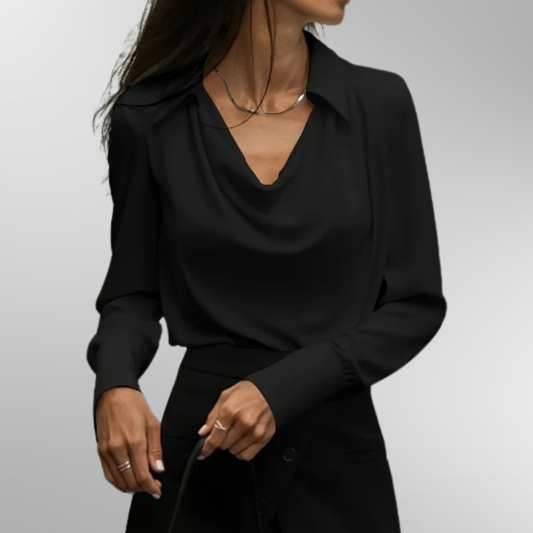 Women’s satin blouse with draped neckline and loose fit, ideal for office wear, dinners, and elegant evening styling.