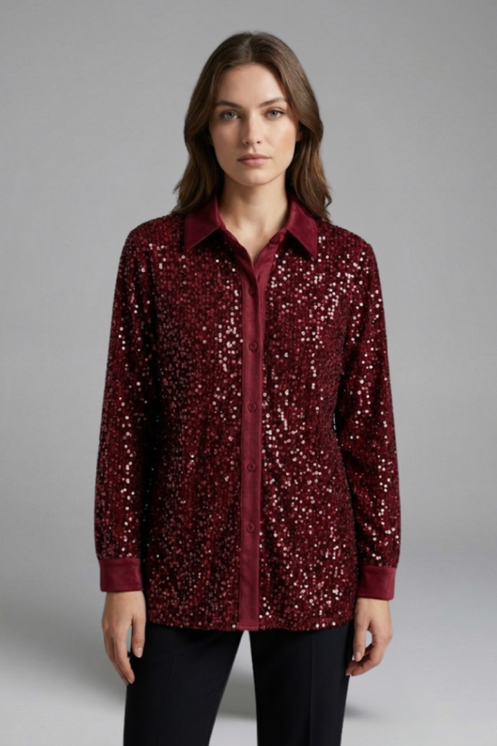 Women’s sequin shirt with collared neckline, button front, and long sleeves, perfect for party outfits and evening occasions.
