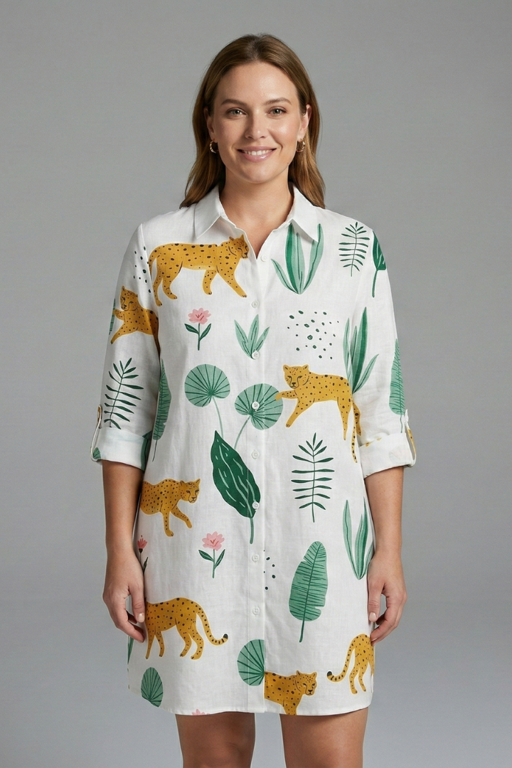 Women’s shirt dress with collared neckline, button front, and long sleeves, ideal for casual outfits and smart everyday styling.