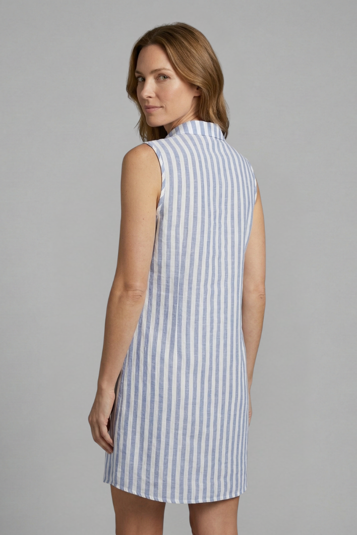 Women’s sleeveless shirt dress with collar neckline, button front, and striped design, ideal for casual summer outfits and office styling.