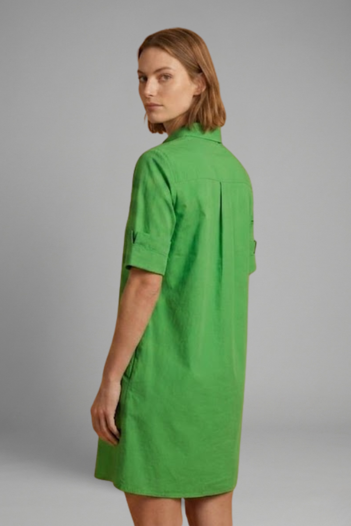 Women’s shirt dress with collared neckline, button-down closure, 3/4 sleeves, and A-line silhouette for everyday styling.