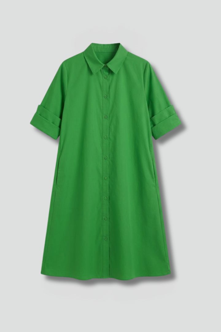Women’s shirt dress with collared neckline, button-down closure, 3/4 sleeves, and A-line silhouette for everyday styling.