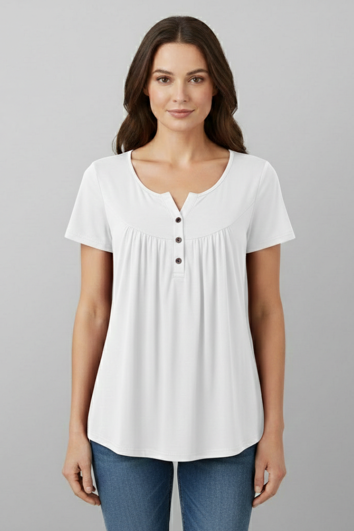 Women’s short sleeve blouse with V-neckline and front button detail, featuring a flared hem and clean finish for everyday wear and office styling.