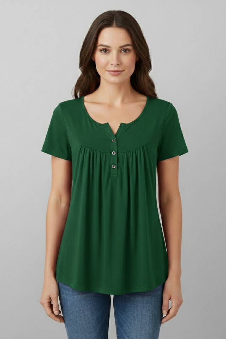 Women’s short sleeve blouse with V-neckline and front button detail, featuring a flared hem and clean finish for everyday wear and office styling.