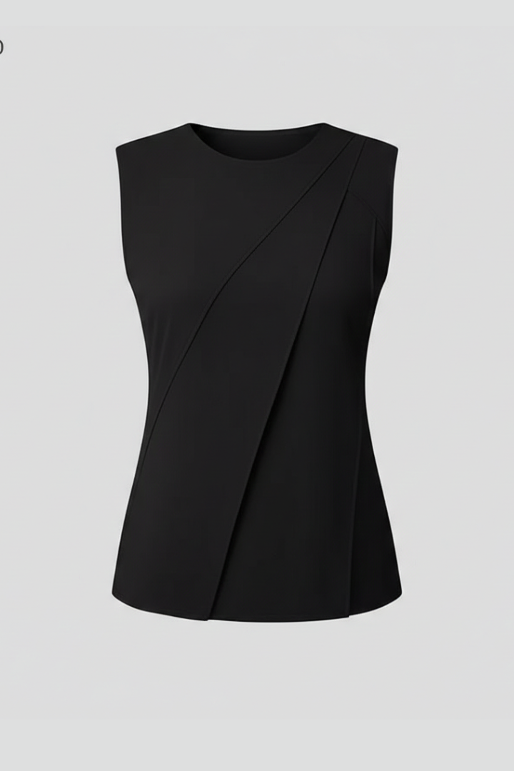 Women’s sleeveless blouse with round neckline and clean finish, featuring a straight hem and wide shoulder coverage for everyday wear.