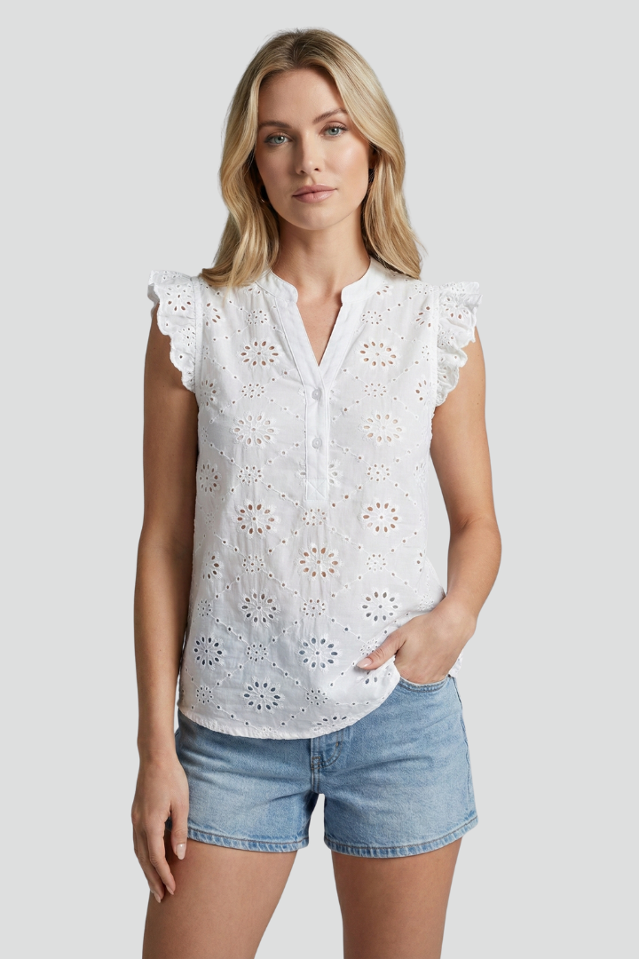 Women’s sleeveless blouse with V-neckline, ruffle shoulders, textured cut-out pattern, and straight hem for summer styling.
