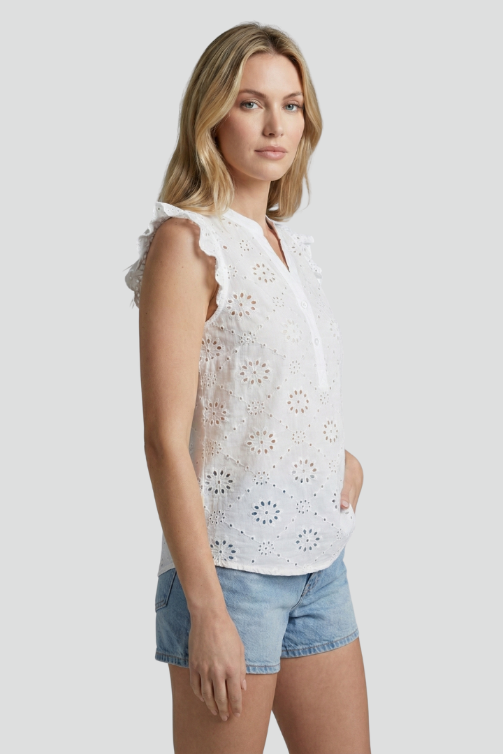 Women’s sleeveless blouse with V-neckline, ruffle shoulders, textured cut-out pattern, and straight hem for summer styling.