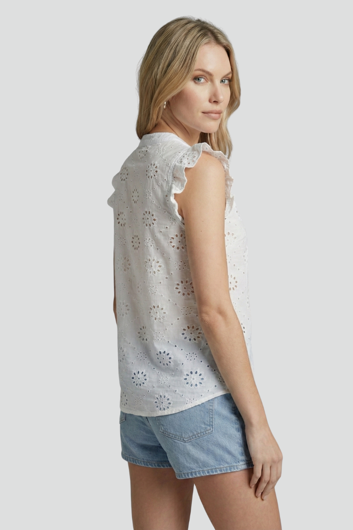 Women’s sleeveless blouse with V-neckline, ruffle shoulders, textured cut-out pattern, and straight hem for summer styling.