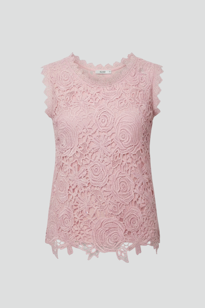 Women’s sleeveless blouse with V-neckline and textured lace-style surface, suitable for summer wear and everyday styling.