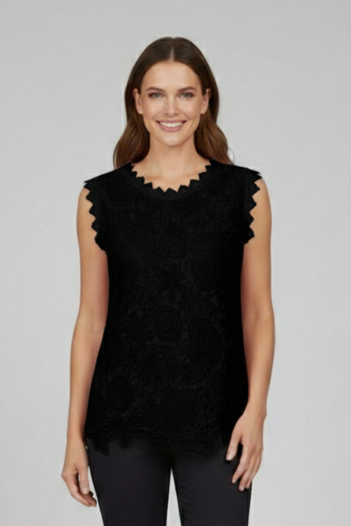 Women’s sleeveless blouse with V-neckline and textured lace-style surface, suitable for summer wear and everyday styling.