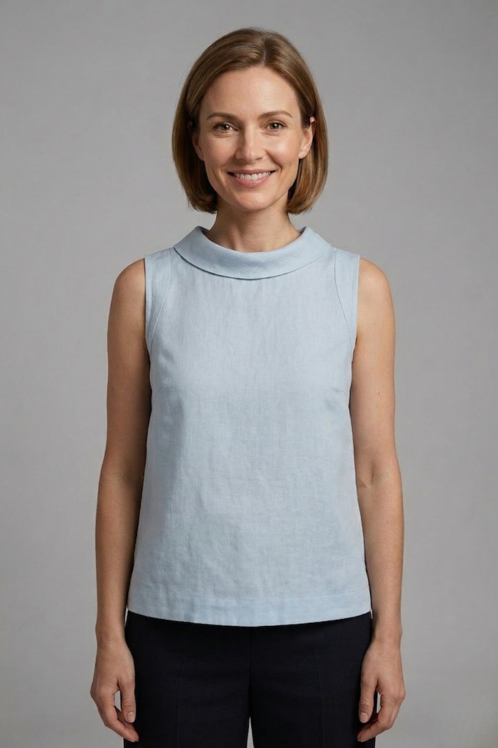 Women’s sleeveless top with roll neck and straight hem, ideal for casual outfits and smart everyday styling.