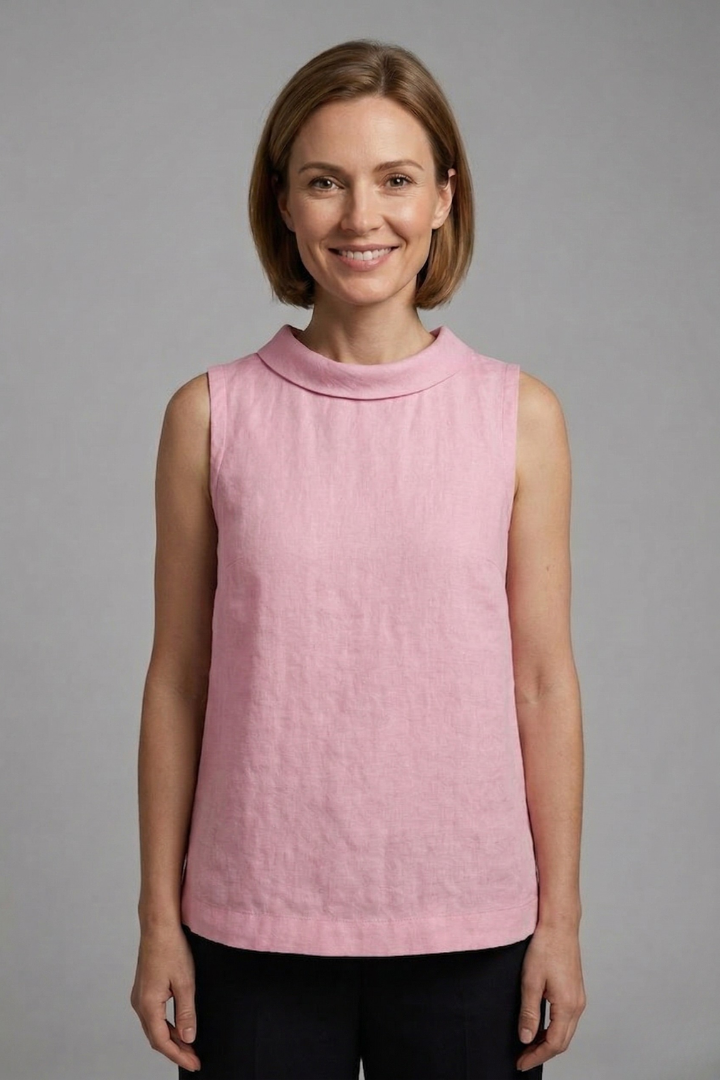 Women’s sleeveless top with roll neck and straight hem, ideal for casual outfits and smart everyday styling.