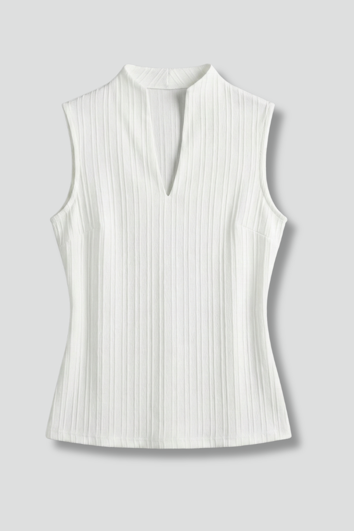 Women’s sleeveless top with stand collar and pleated front detail, featuring a straight hem and structured fit for office or everyday wear.