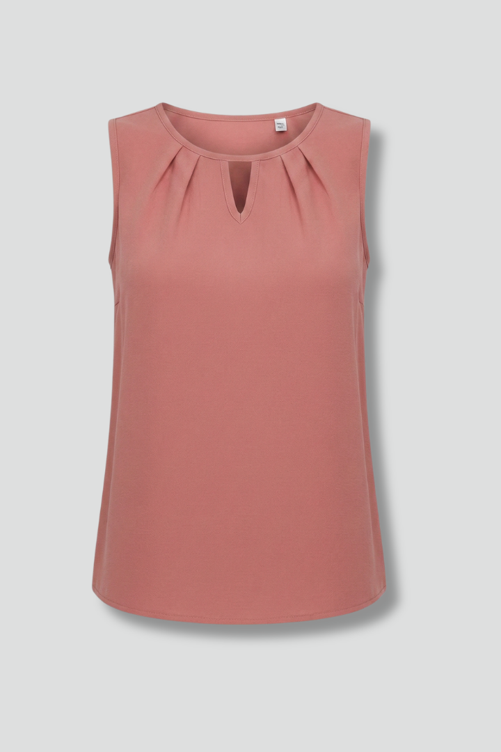 Women’s sleeveless top with keyhole v-neckline and pleated front detail, suitable for casual wear and office outfits