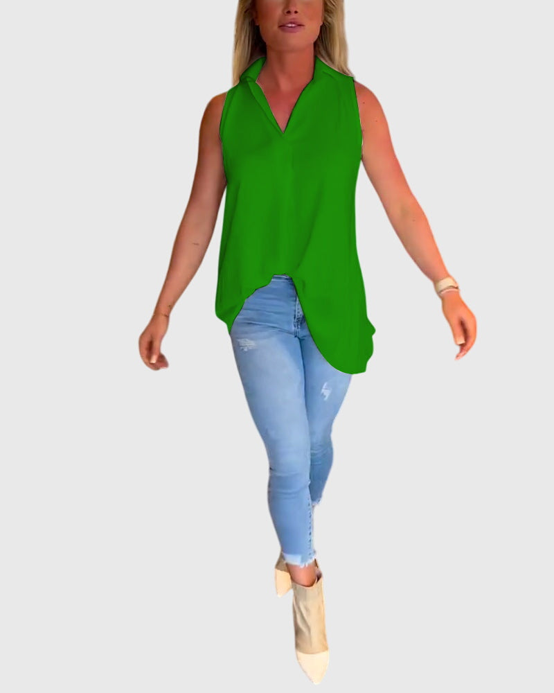 Women’s sleeveless top with ruffle details and a lapel collar, ideal for everyday wear, office outfits, and smart-casual occasions.
