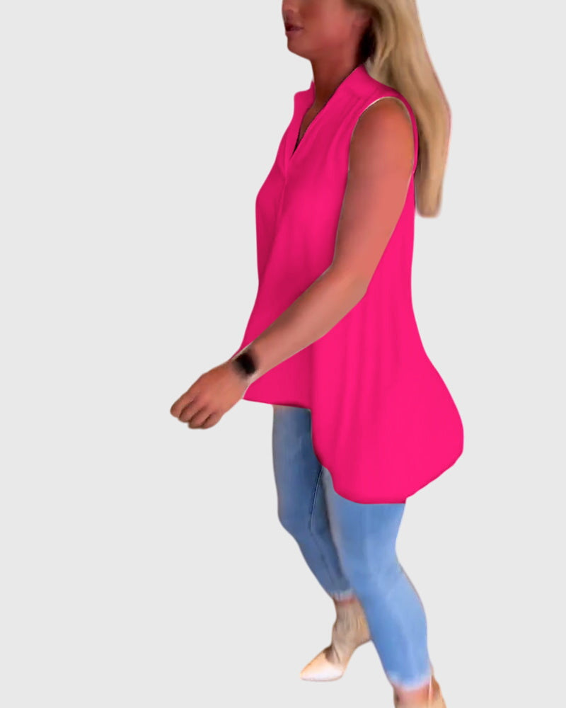 Women’s sleeveless top with ruffle details and a lapel collar, ideal for everyday wear, office outfits, and smart-casual occasions.
