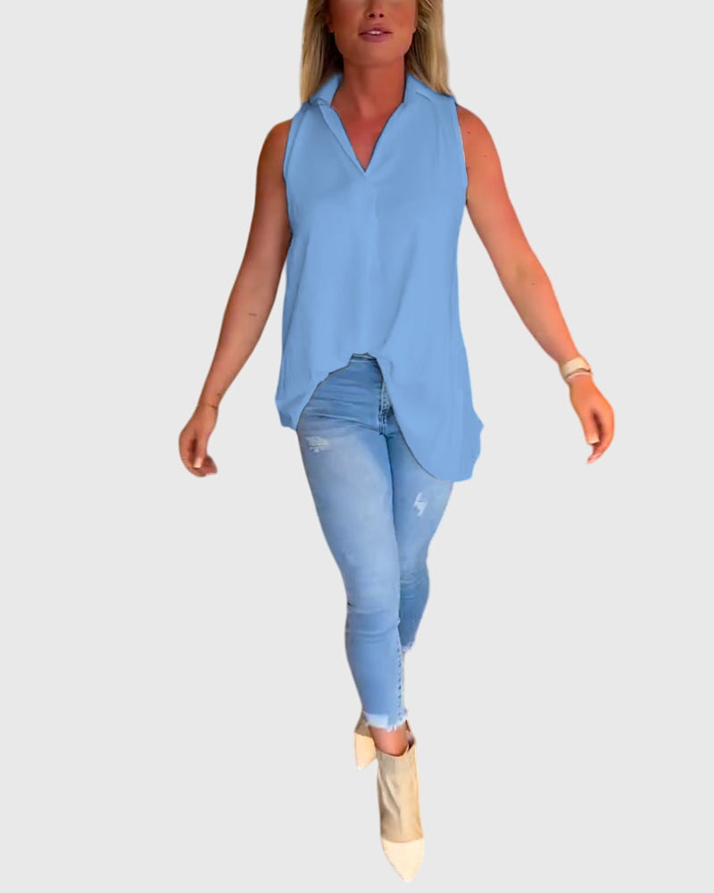 Women’s sleeveless top with ruffle details and a lapel collar, ideal for everyday wear, office outfits, and smart-casual occasions.