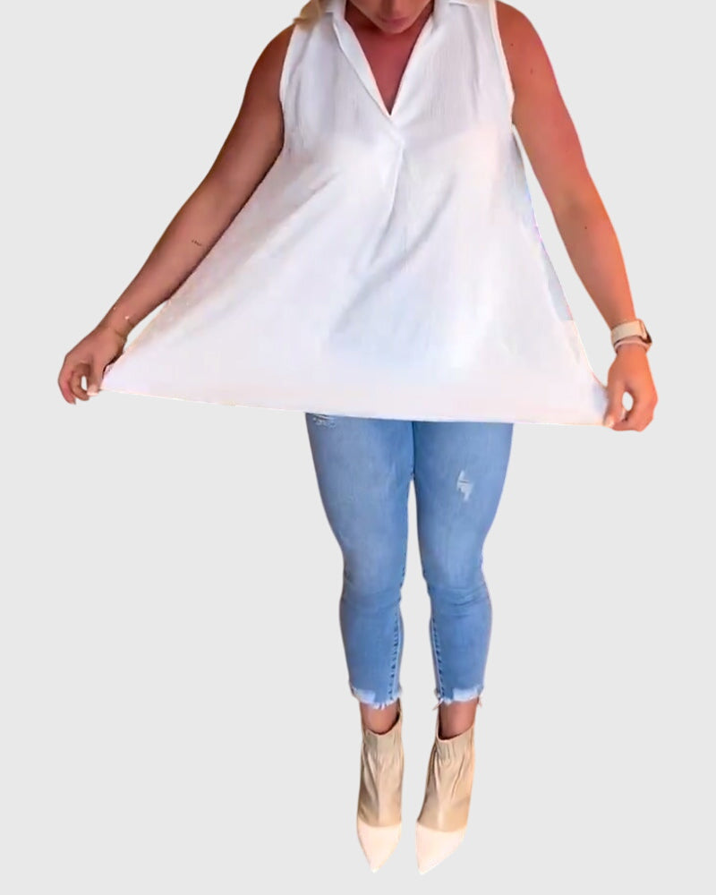 Women’s sleeveless top with ruffle details and a lapel collar, ideal for everyday wear, office outfits, and smart-casual occasions.