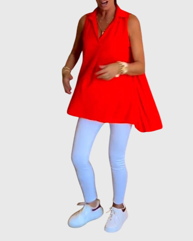 Women’s sleeveless top with ruffle details and a lapel collar, ideal for everyday wear, office outfits, and smart-casual occasions.