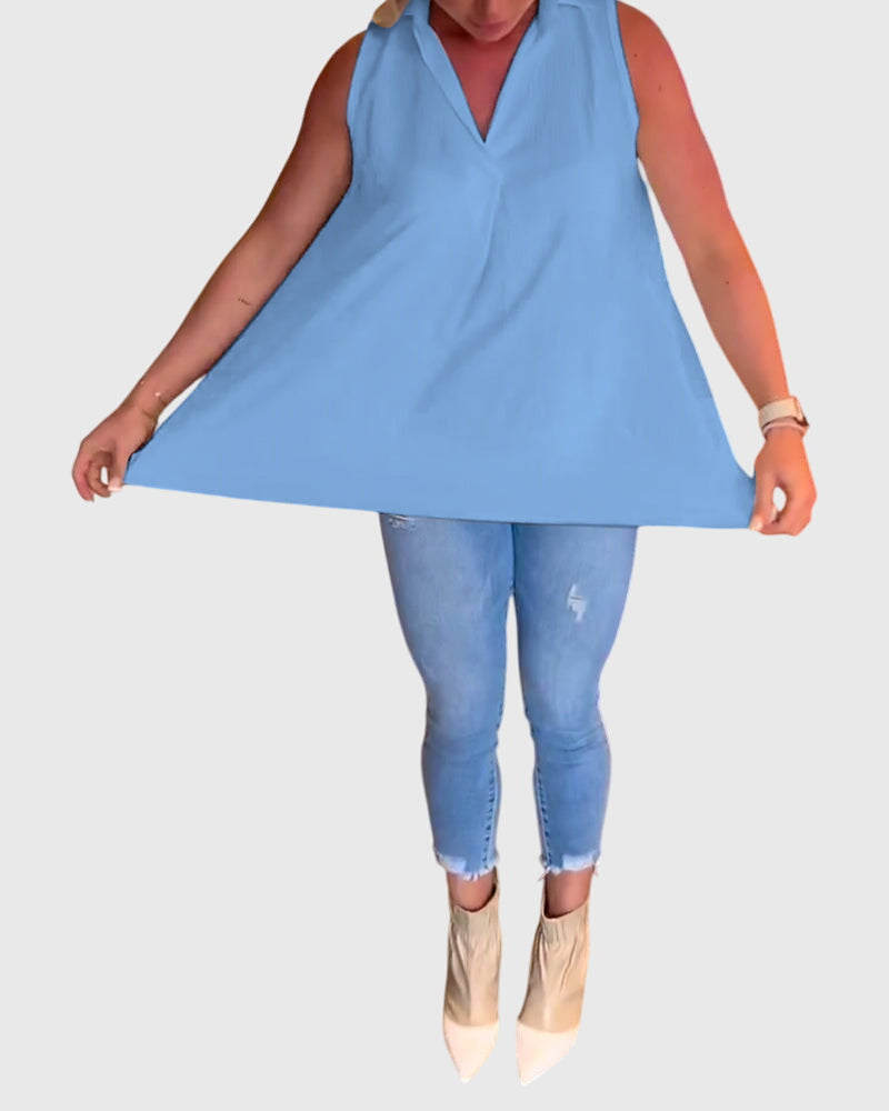 Women’s sleeveless top with ruffle details and a lapel collar, ideal for everyday wear, office outfits, and smart-casual occasions.