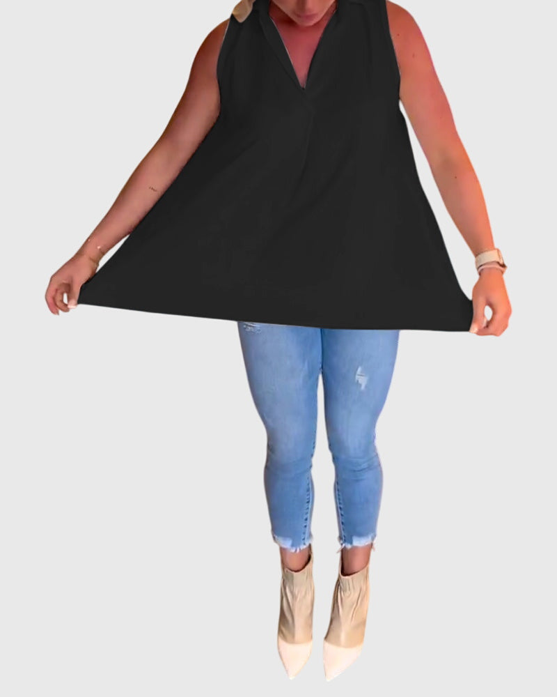 Women’s sleeveless top with ruffle details and a lapel collar, ideal for everyday wear, office outfits, and smart-casual occasions.