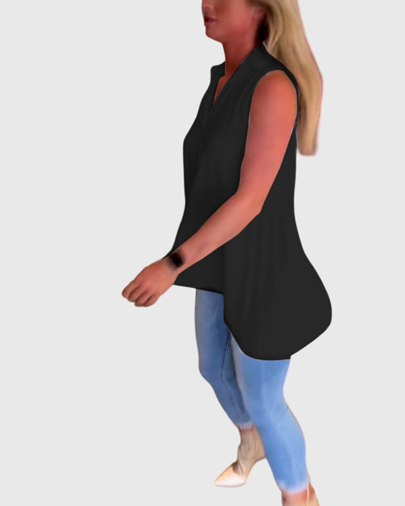 Women’s sleeveless top with ruffle details and a lapel collar, ideal for everyday wear, office outfits, and smart-casual occasions.