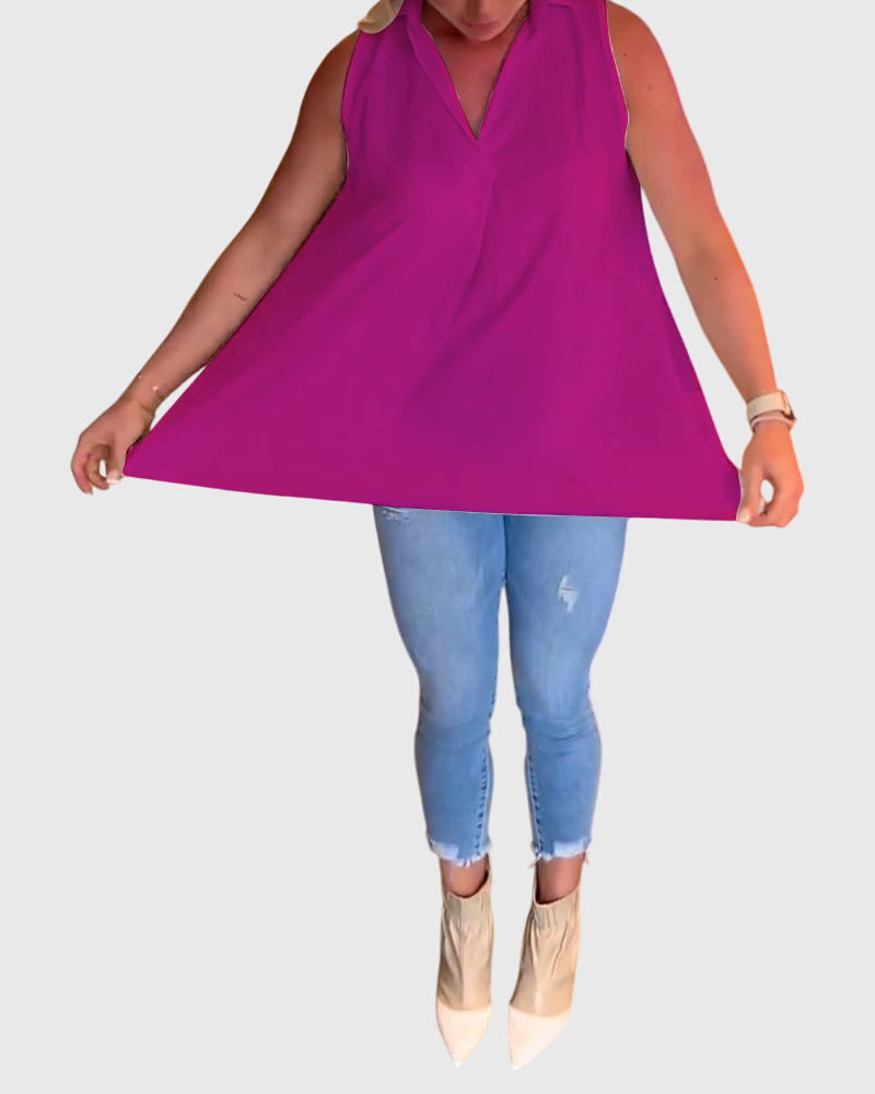 Women’s sleeveless top with ruffle details and a lapel collar, ideal for everyday wear, office outfits, and smart-casual occasions.