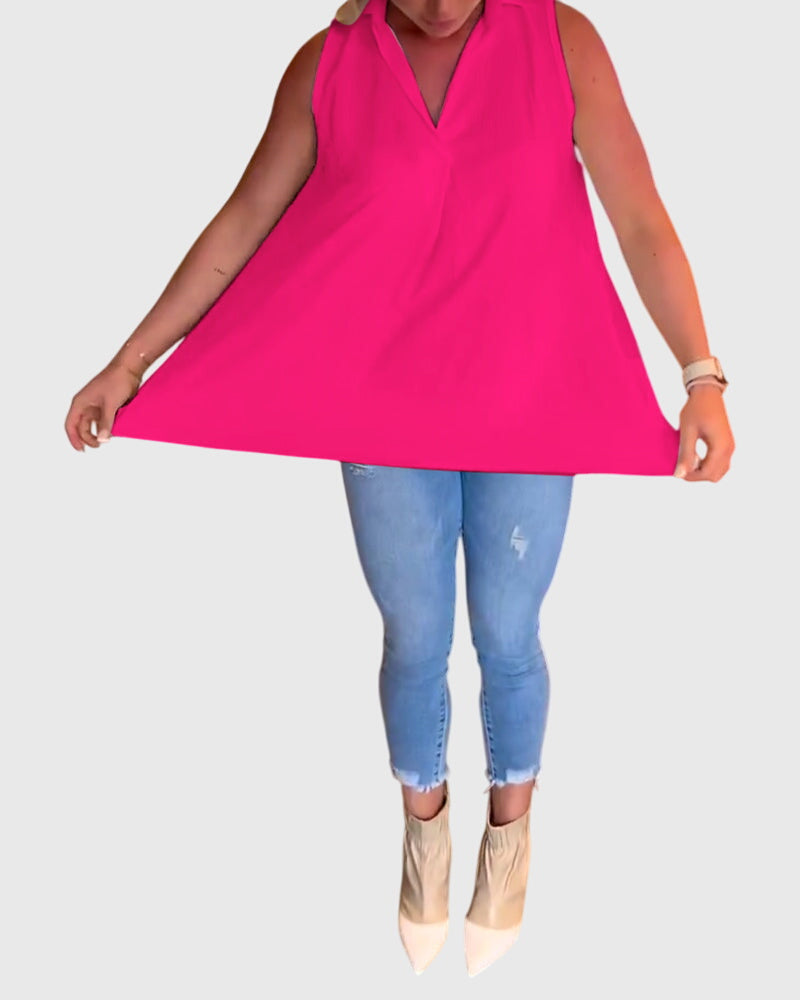 Women’s sleeveless top with ruffle details and a lapel collar, ideal for everyday wear, office outfits, and smart-casual occasions.