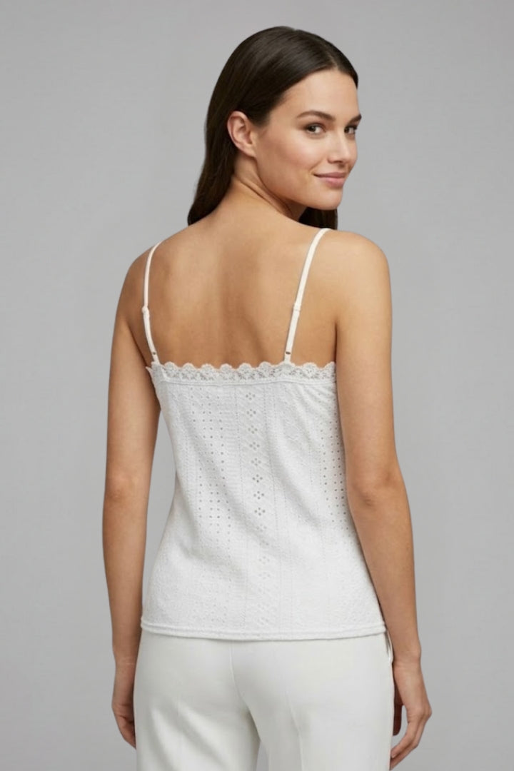 Women’s sleeveless top with V-neckline, lace surface detailing, and spaghetti straps, suitable for summer wear and layered styling.