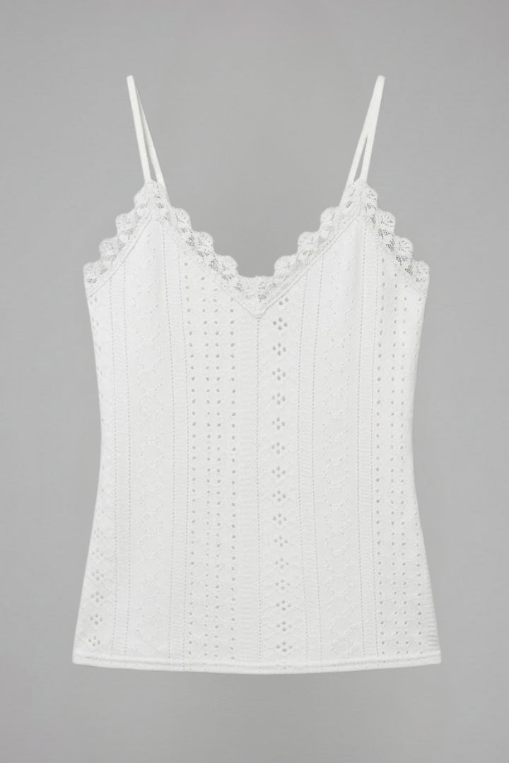 Women’s sleeveless top with V-neckline, lace surface detailing, and spaghetti straps, suitable for summer wear and layered styling.