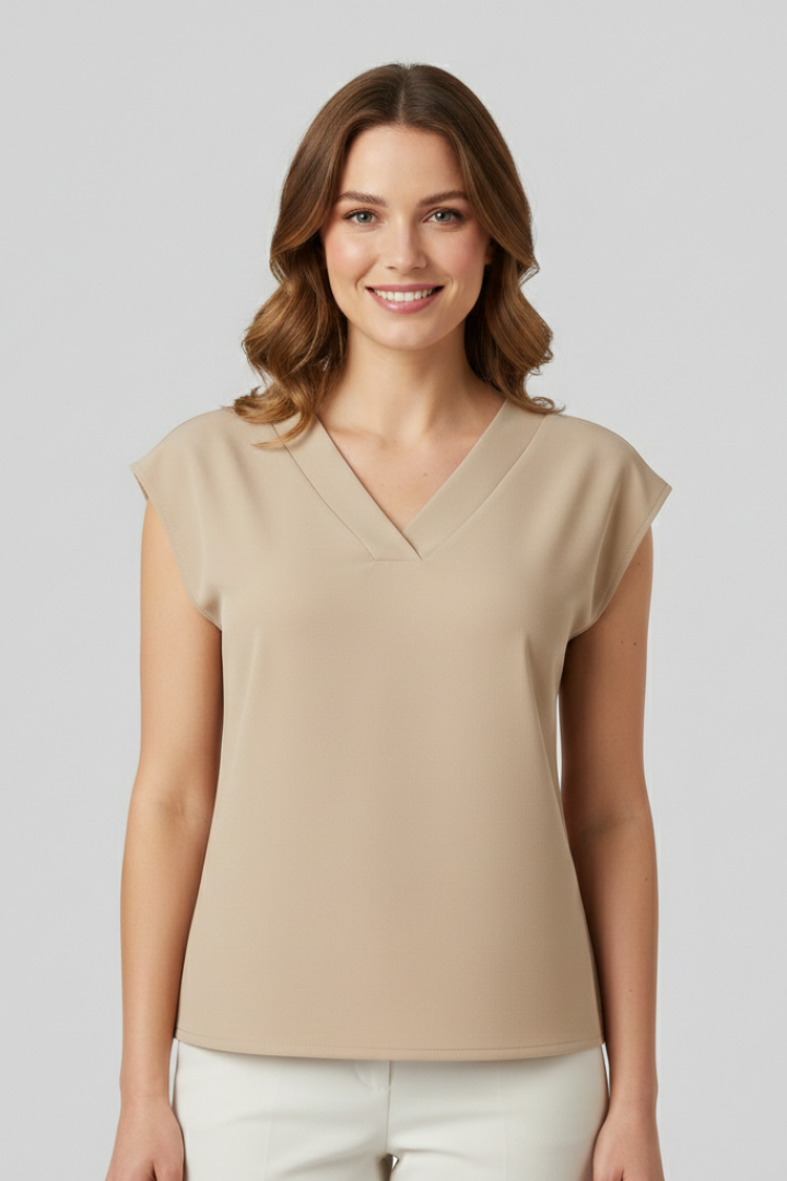 Women’s sleeveless top with V-neckline and straight fit, suitable for everyday wear, office outfits, and layered styling.