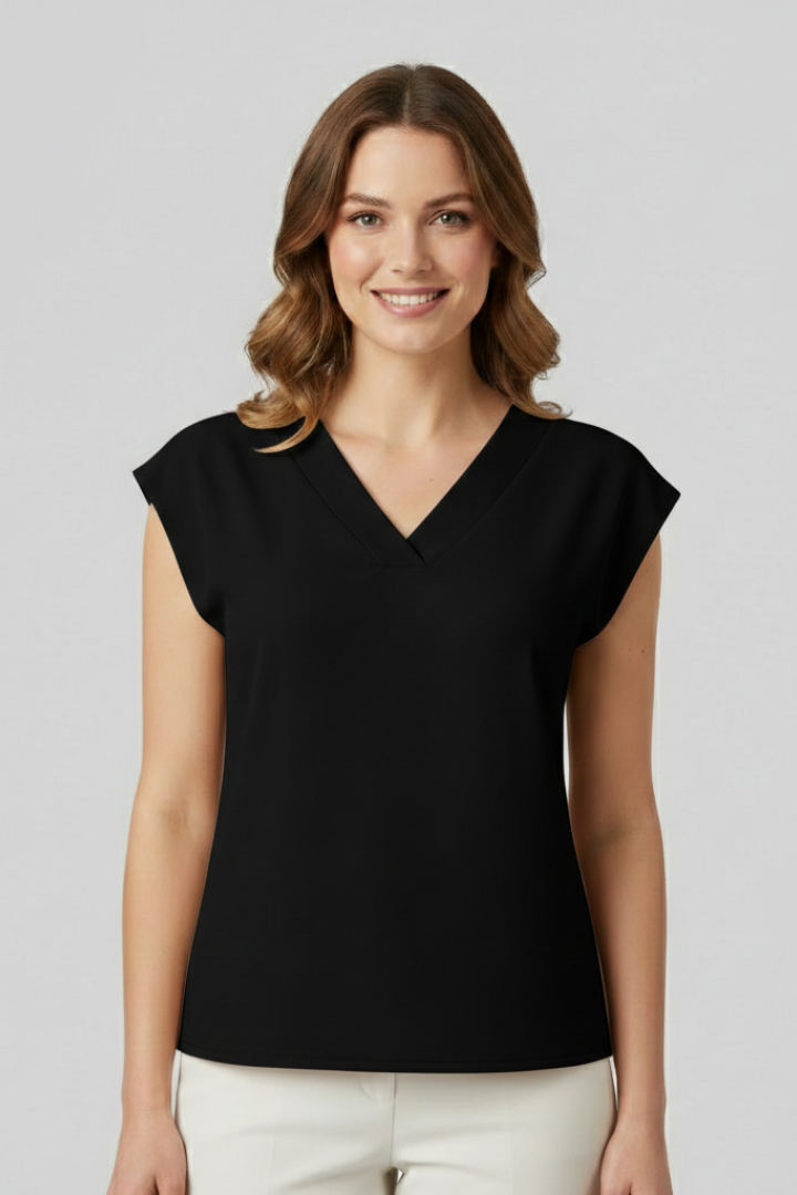 Women’s sleeveless top with V-neckline and straight fit, suitable for everyday wear, office outfits, and layered styling.