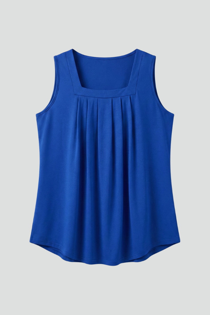 Women’s sleeveless blouse with square neckline, wide straps, rounded hem, and printed pattern, suitable for casual wear and summer outfits.