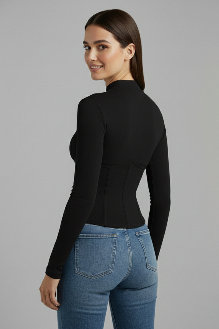 Women’s long sleeve T-shirt with stand collar and seam piping detail, suitable for everyday wear and casual outfits.