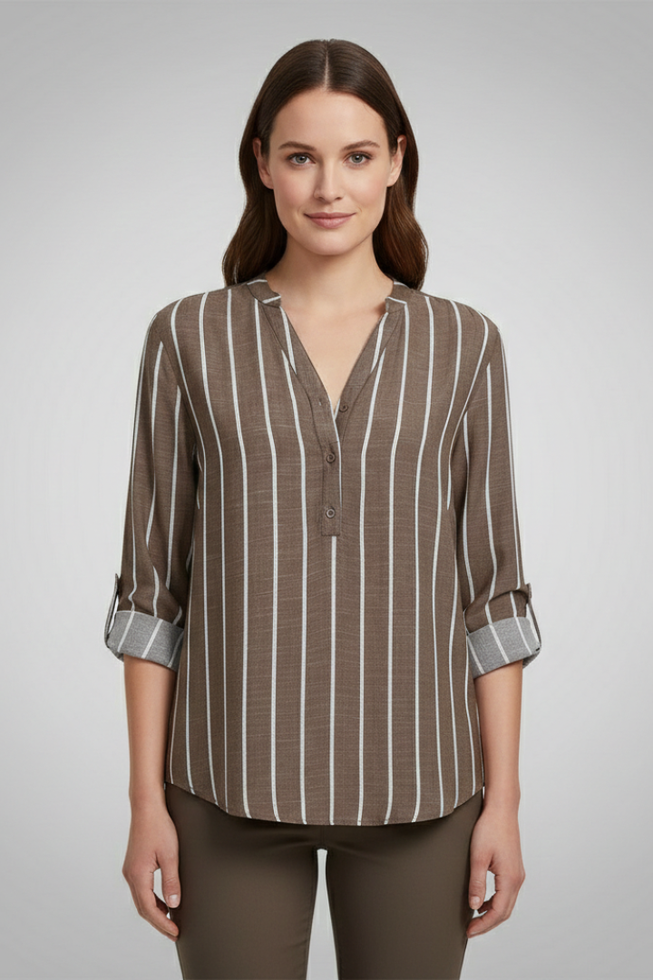Women’s striped blouse with V-neckline and full button front, featuring roll-up sleeves and a curved hem for office or casual wear.