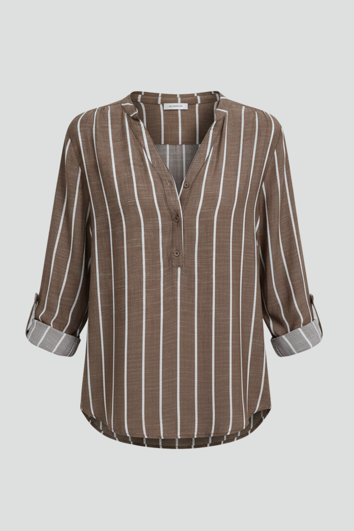 Women’s striped blouse with V-neckline and full button front, featuring roll-up sleeves and a curved hem for office or casual wear.