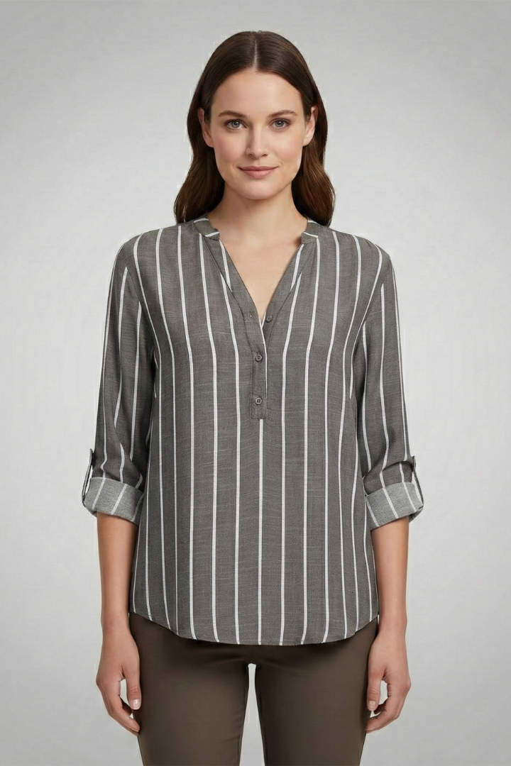 Women’s striped blouse with V-neckline and full button front, featuring roll-up sleeves and a curved hem for office or casual wear.