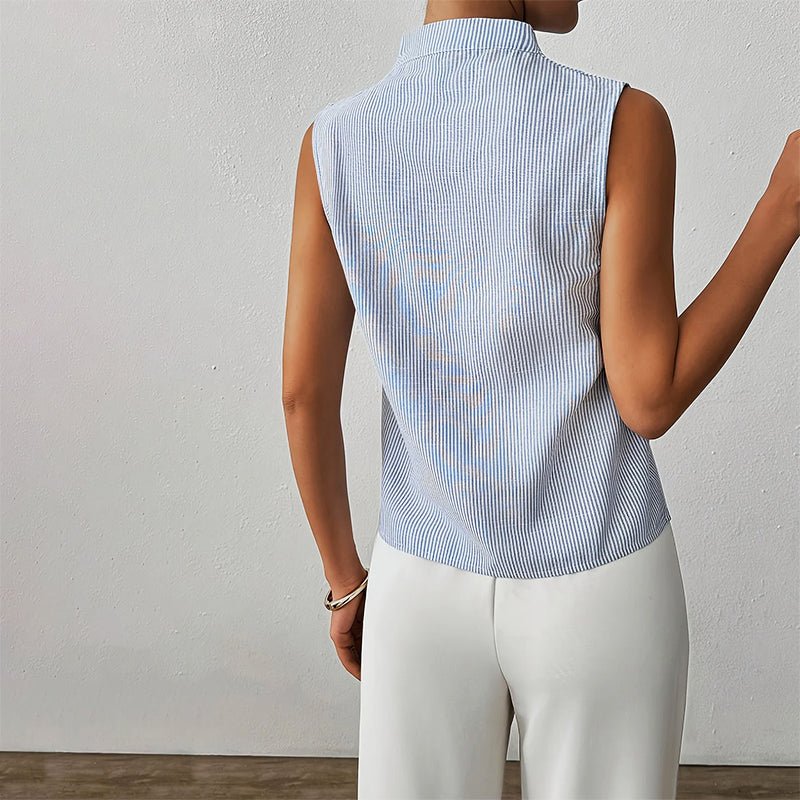 Women’s striped blouse with V-neckline, stand collar, and sleeveless design, suitable for office wear, business casual outfits, and everyday styling.